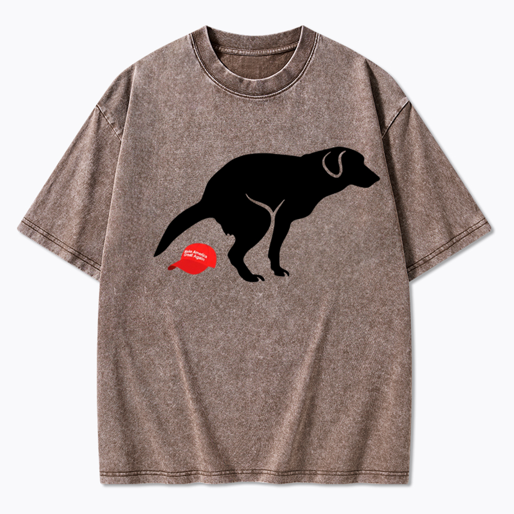 Dog Pooping on Hat Washed T-Shirt