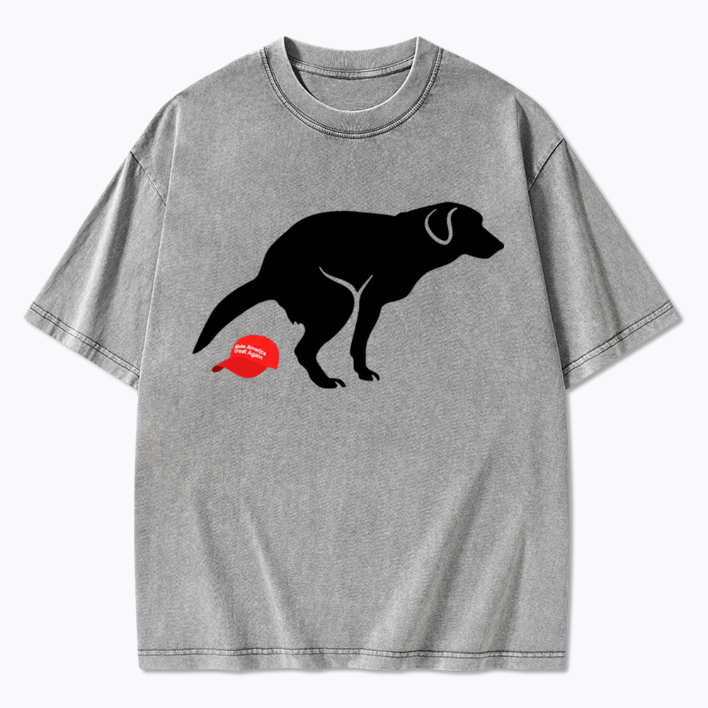Dog Pooping on Hat Washed T-Shirt