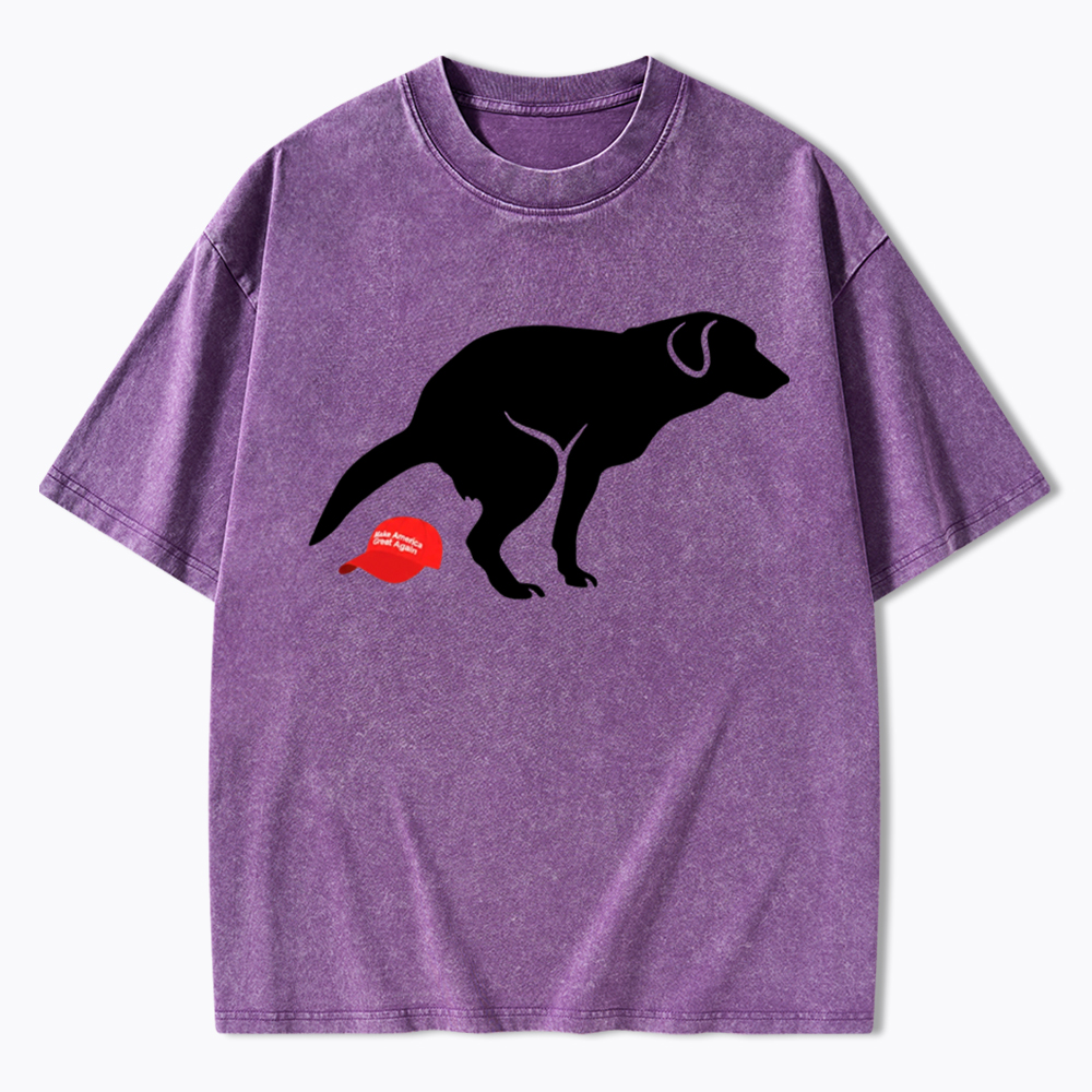 Dog Pooping on Hat Washed T-Shirt
