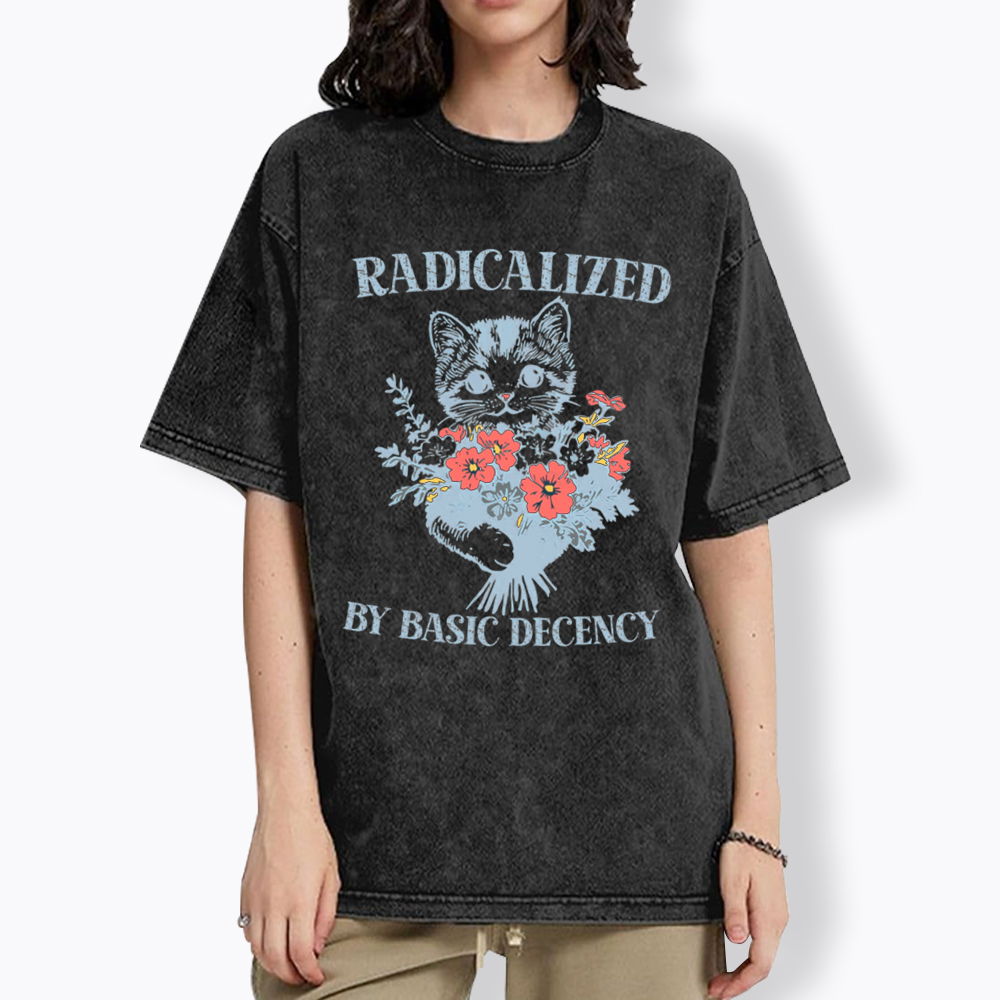Radicalized By Basic Decency Cat Floral Feminist Washed T-Shirt