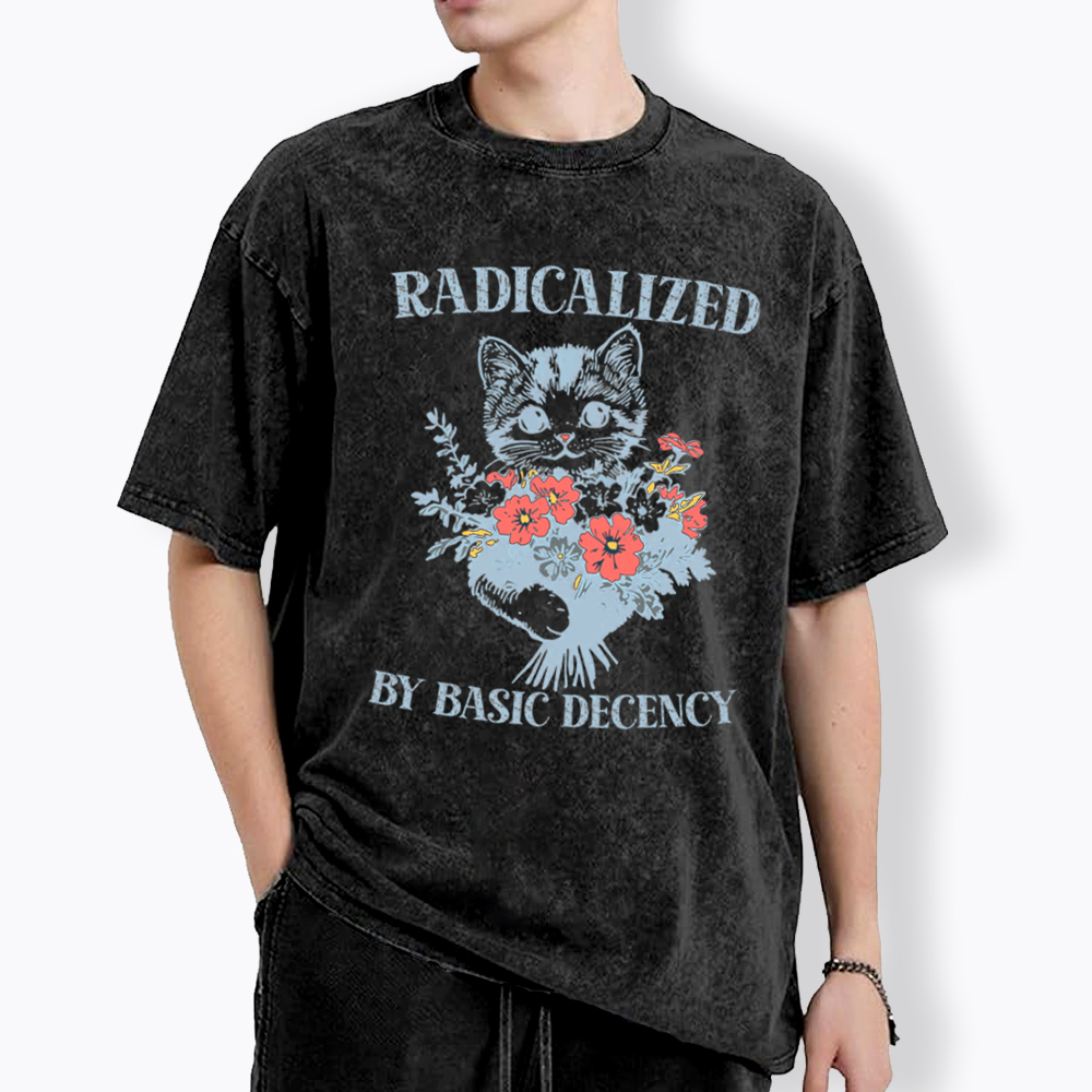 Radicalized By Basic Decency Cat Floral Feminist Washed T-Shirt