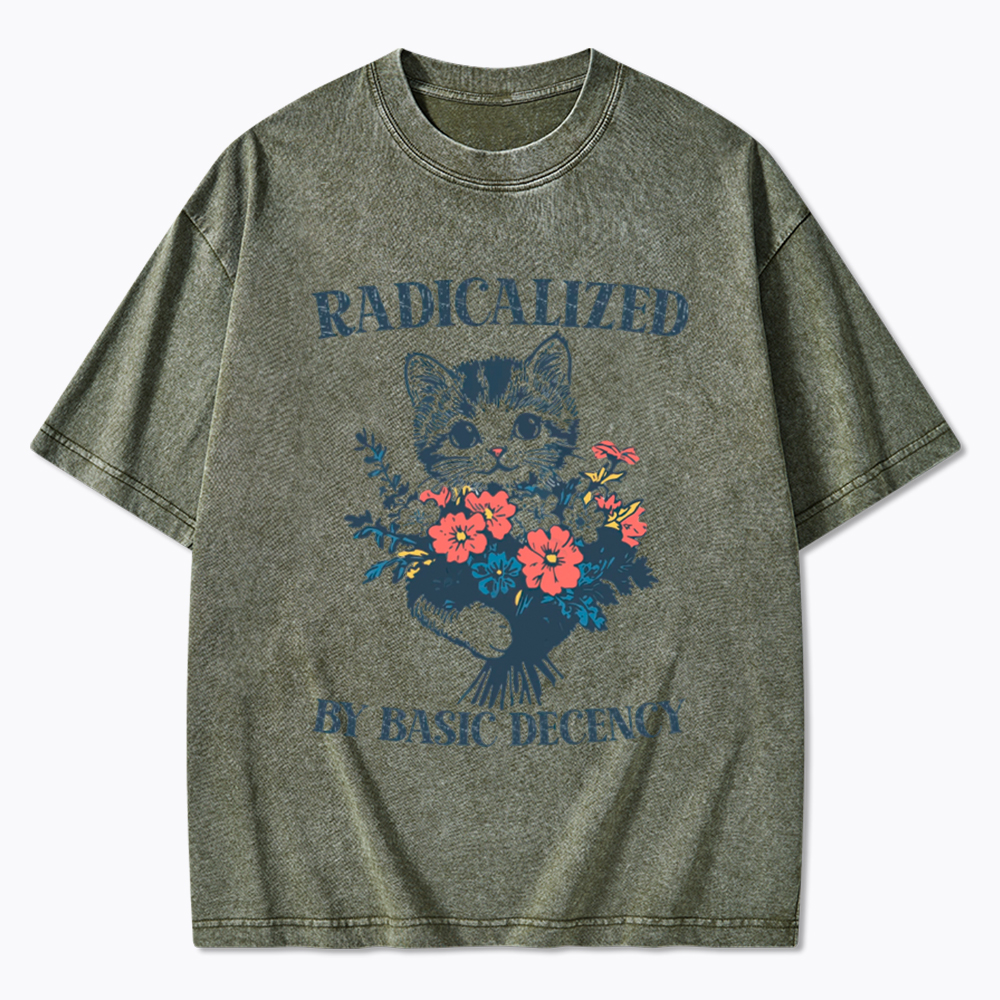 Radicalized By Basic Decency Cat Floral Feminist Washed T-Shirt
