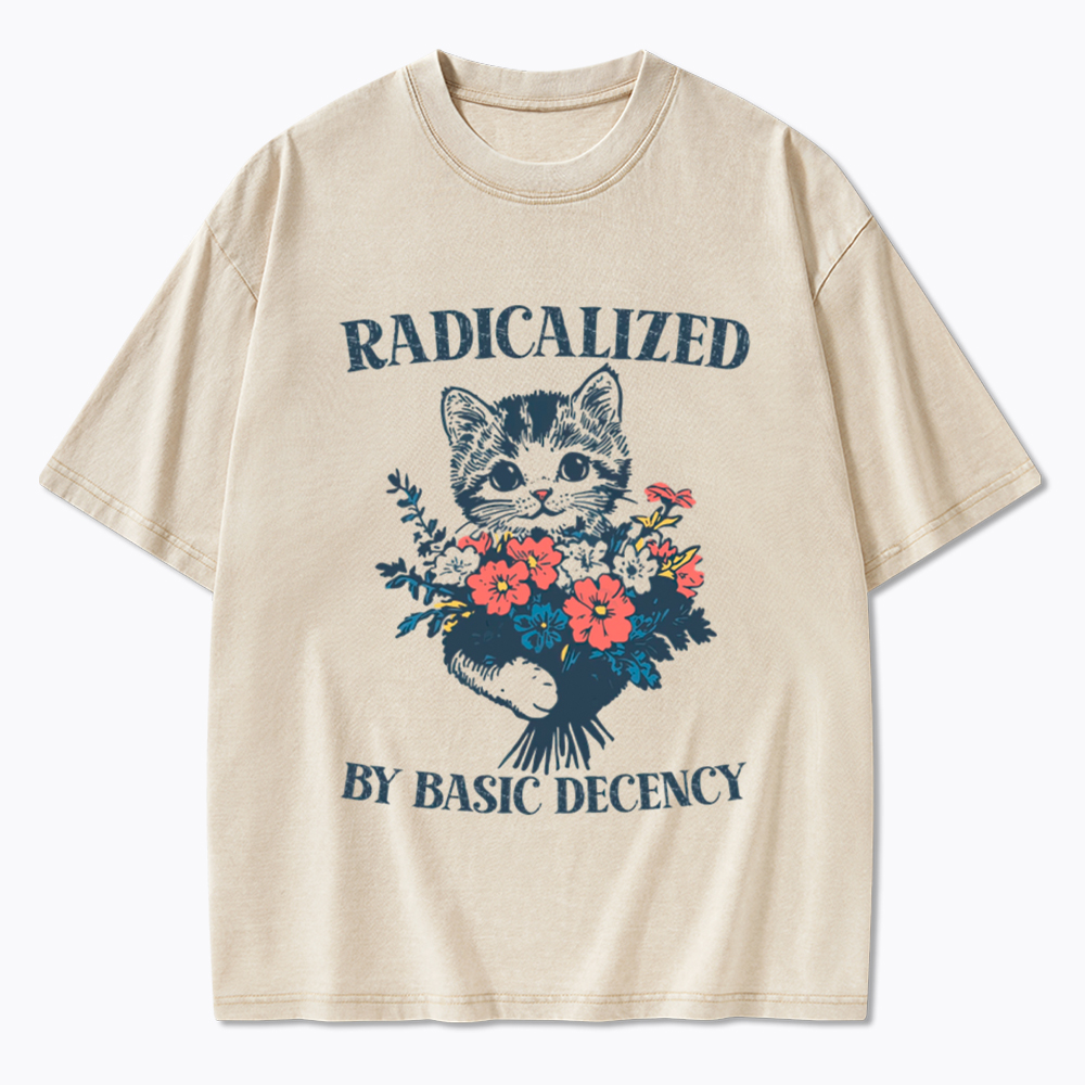 Radicalized By Basic Decency Cat Floral Feminist Washed T-Shirt