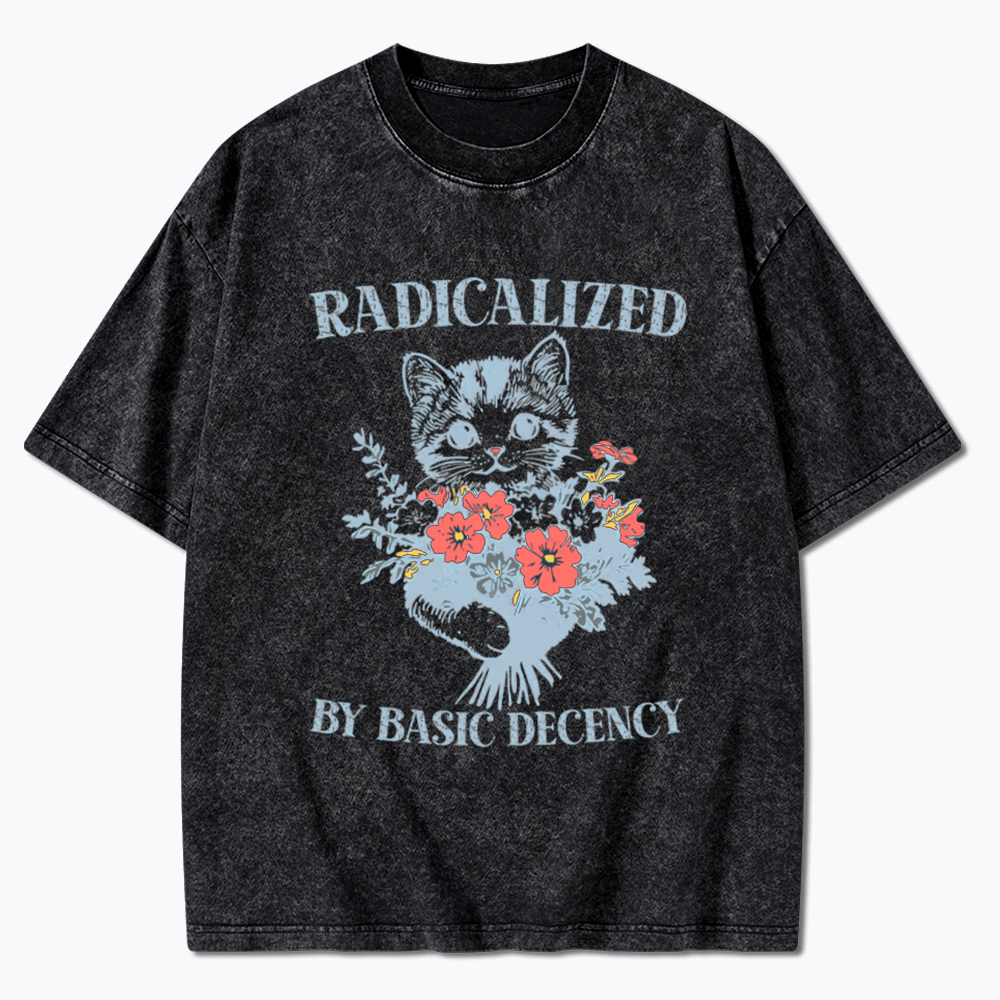 Radicalized By Basic Decency Cat Floral Feminist Washed T-Shirt
