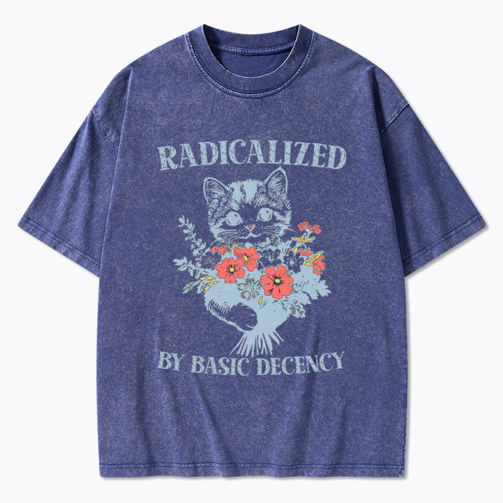 Radicalized By Basic Decency Cat Floral Feminist Washed T-Shirt