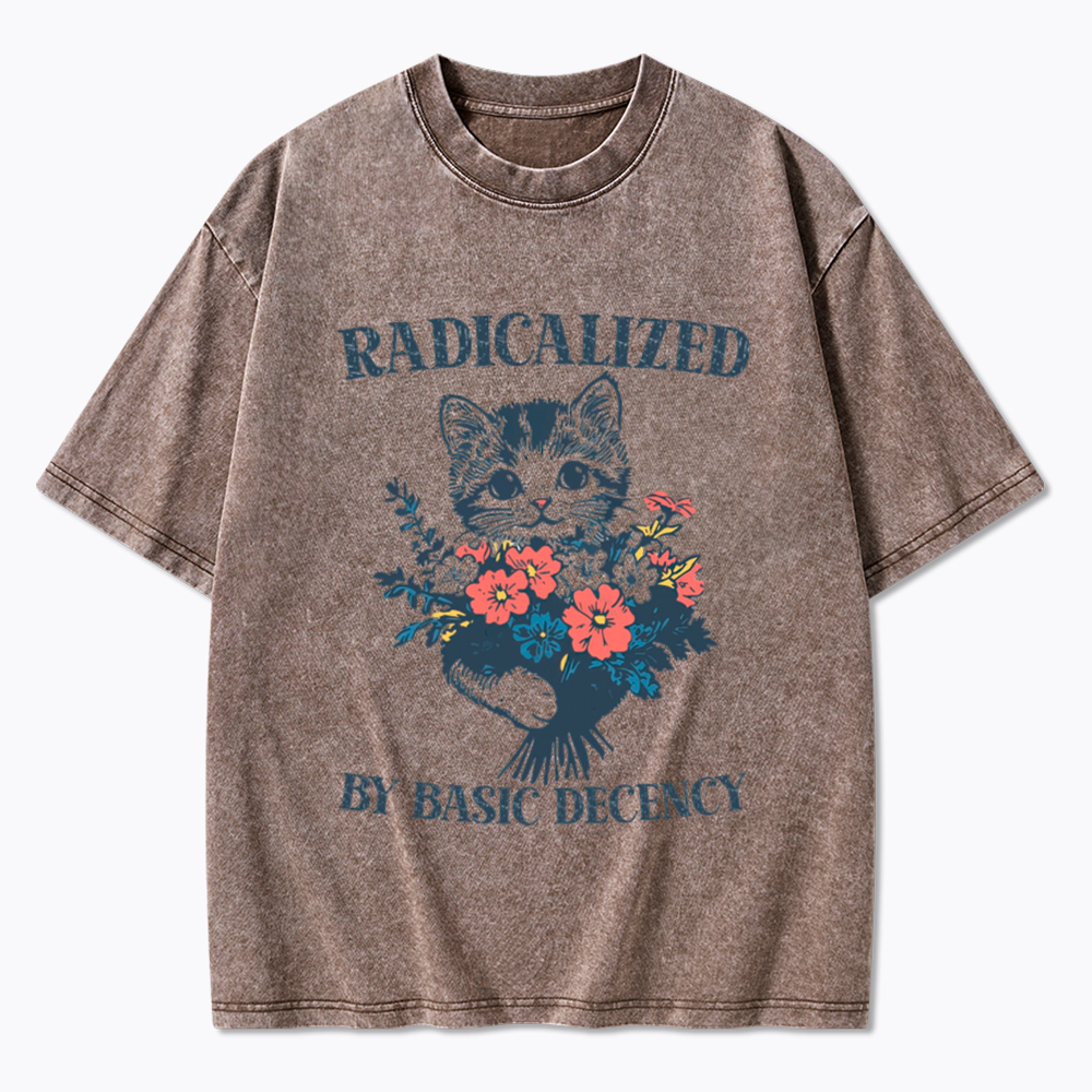 Radicalized By Basic Decency Cat Floral Feminist Washed T-Shirt