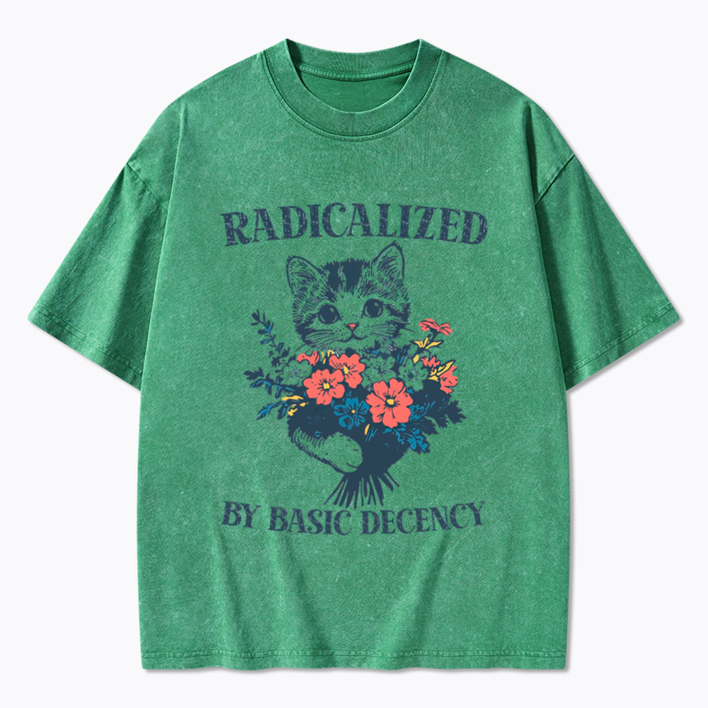 Radicalized By Basic Decency Cat Floral Feminist Washed T-Shirt