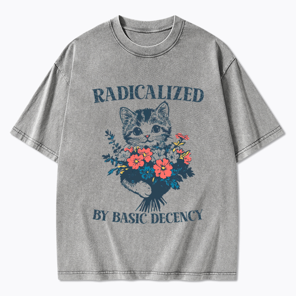 Radicalized By Basic Decency Cat Floral Feminist Washed T-Shirt