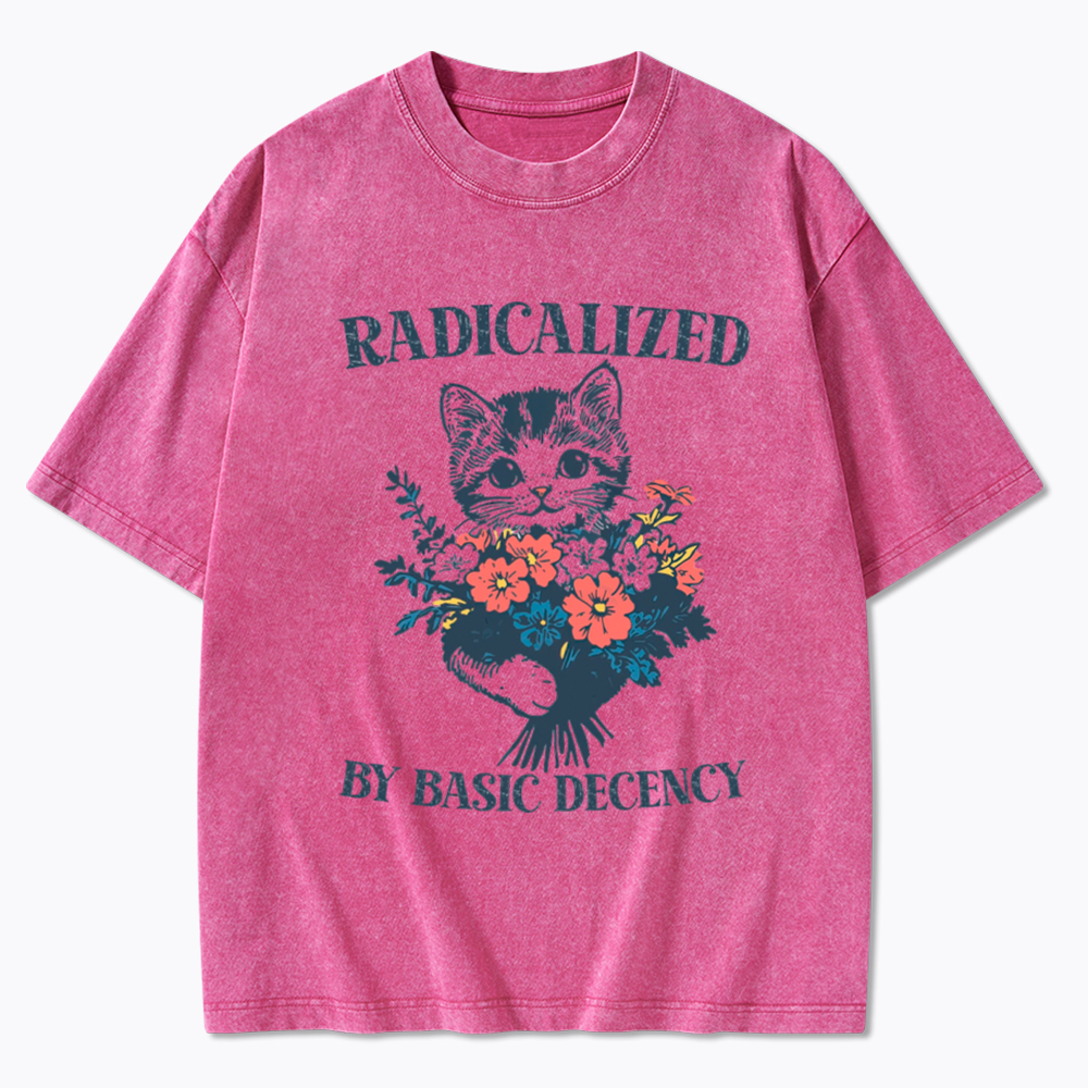 Radicalized By Basic Decency Cat Floral Feminist Washed T-Shirt