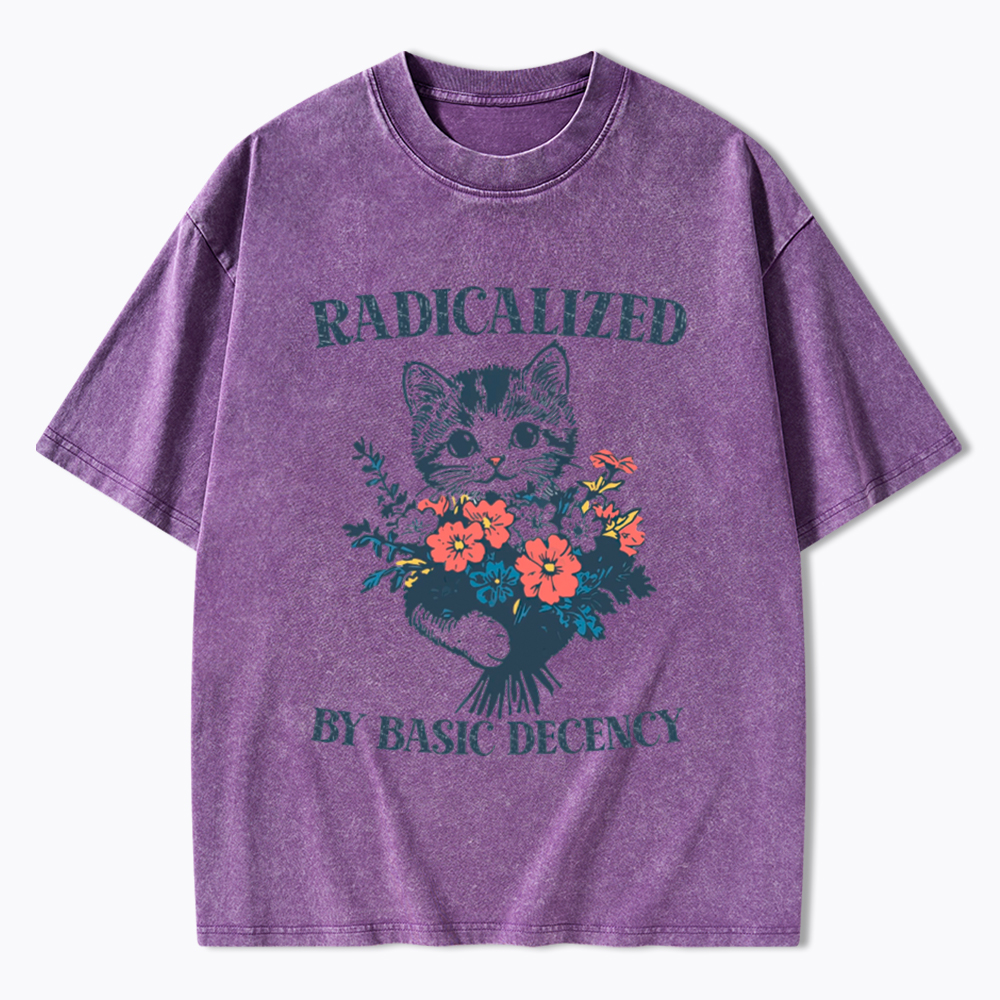 Radicalized By Basic Decency Cat Floral Feminist Washed T-Shirt