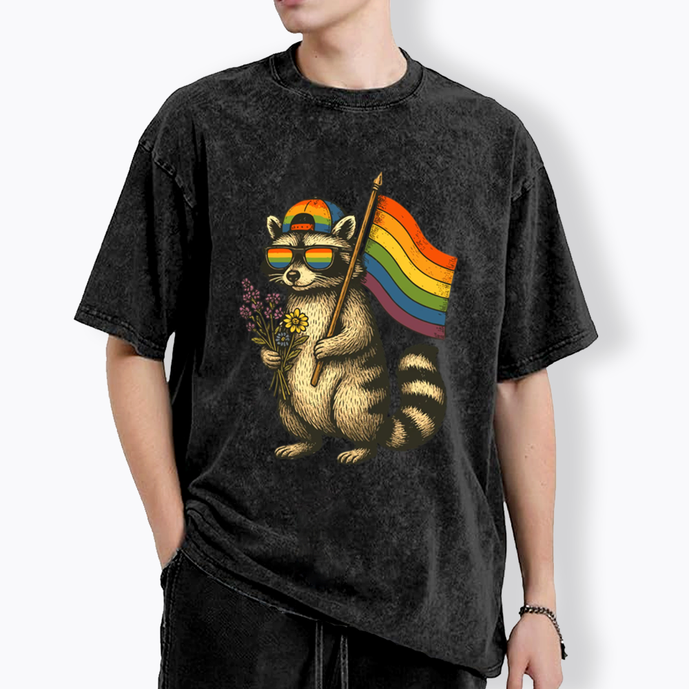 Raccoon Gay Pride Washed T-Shirt