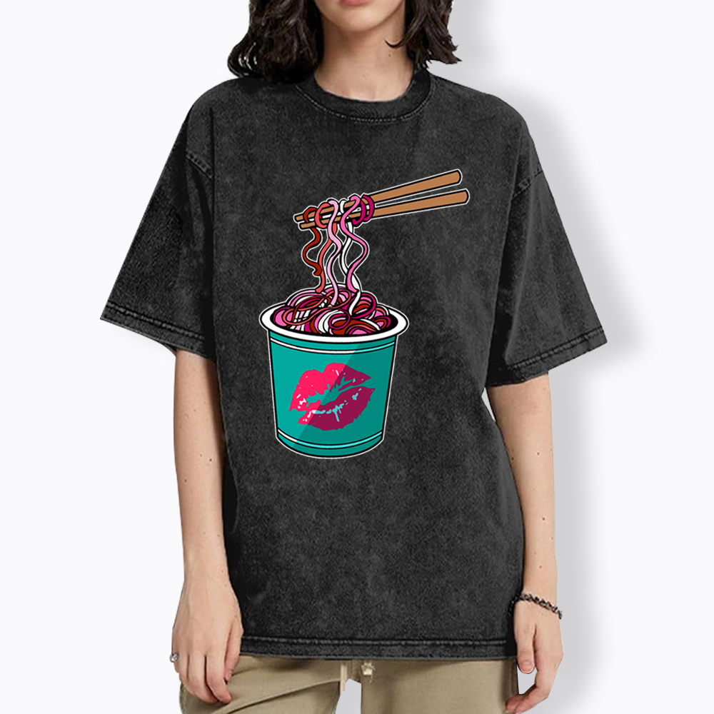 Lipstick Lesbian Noodles Washed T-Shirt