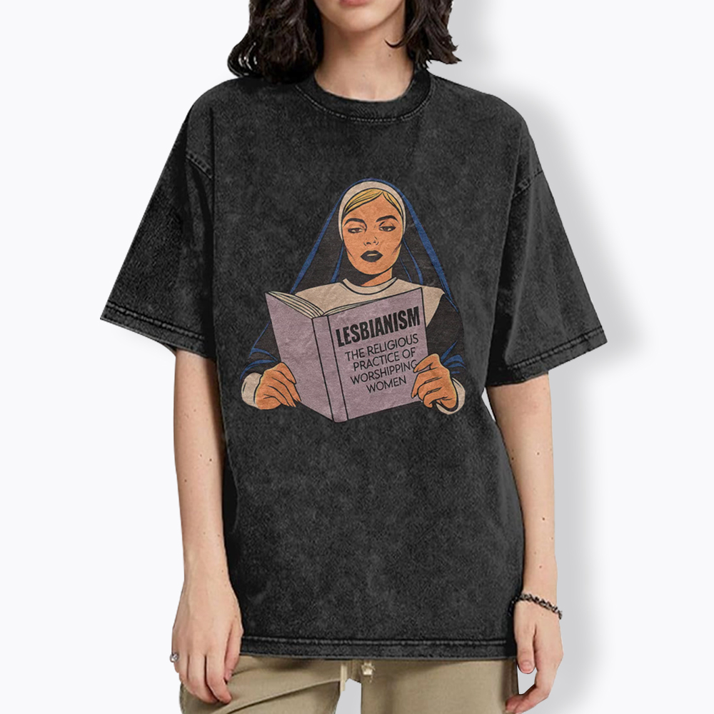 Nun Reading Lesbian Book Washed T-Shirt