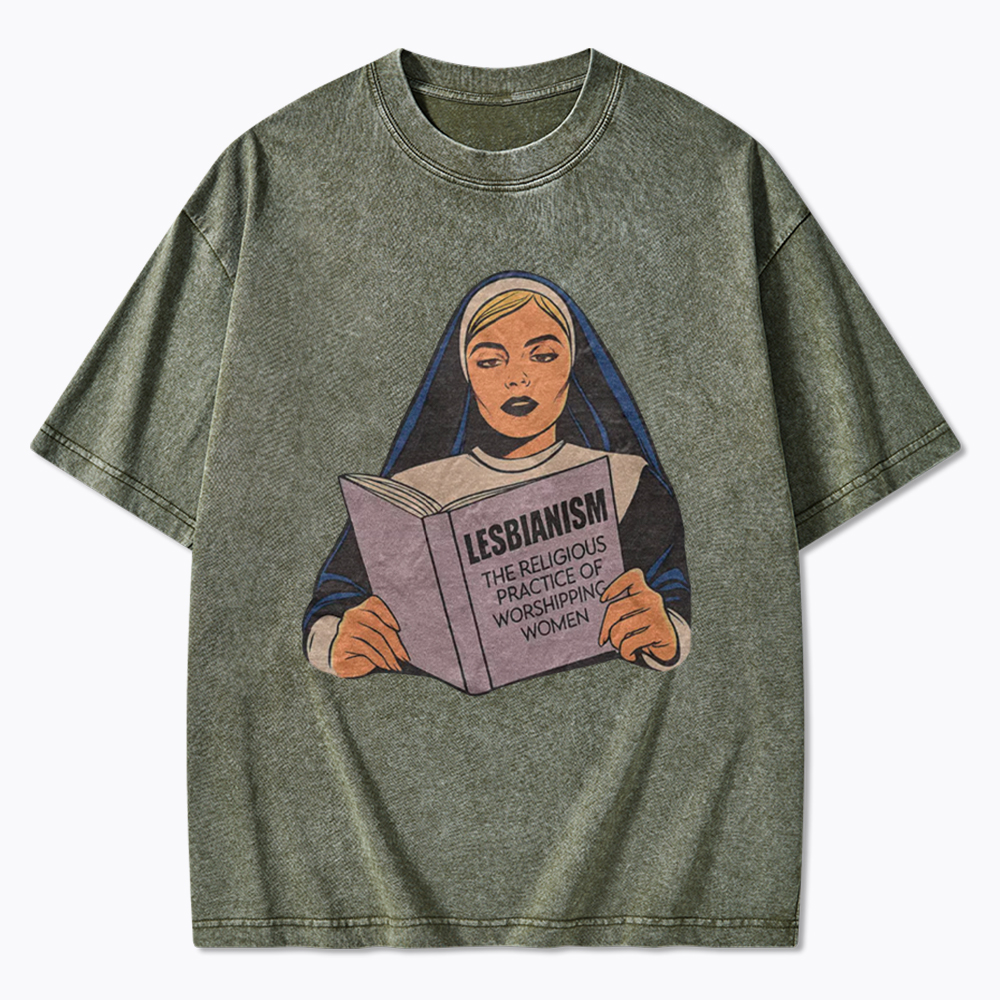 Nun Reading Lesbian Book Washed T-Shirt