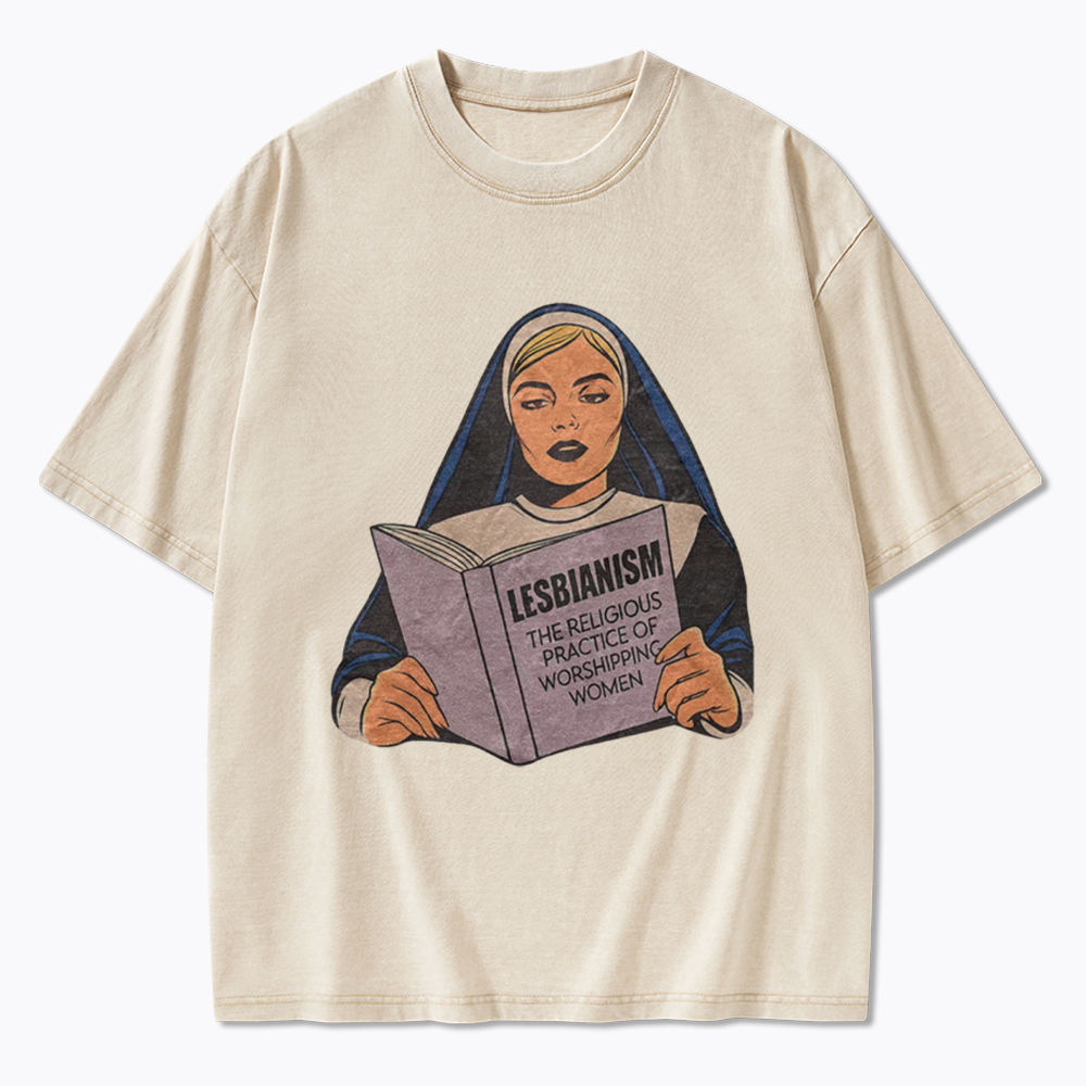 Nun Reading Lesbian Book Washed T-Shirt