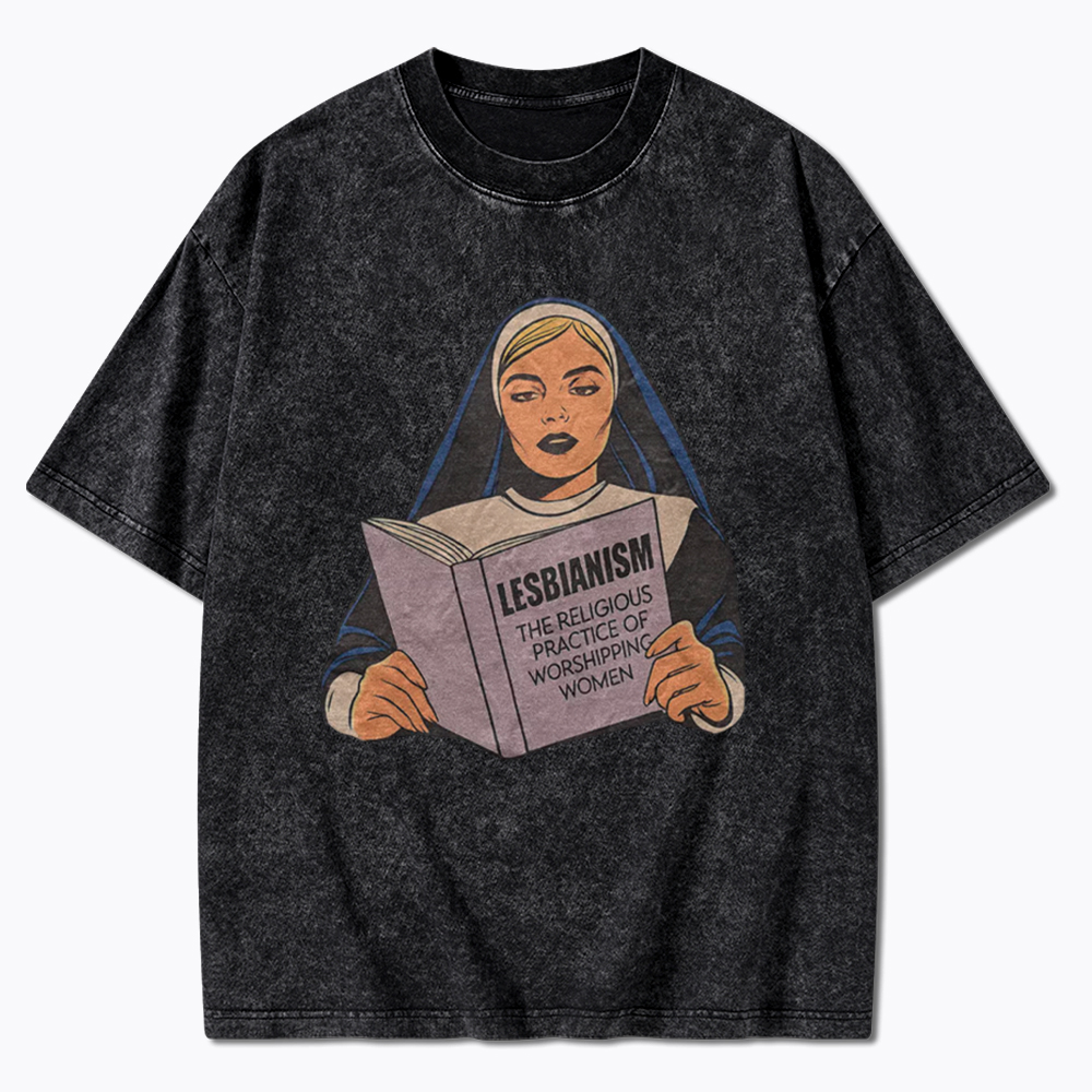 Nun Reading Lesbian Book Washed T-Shirt