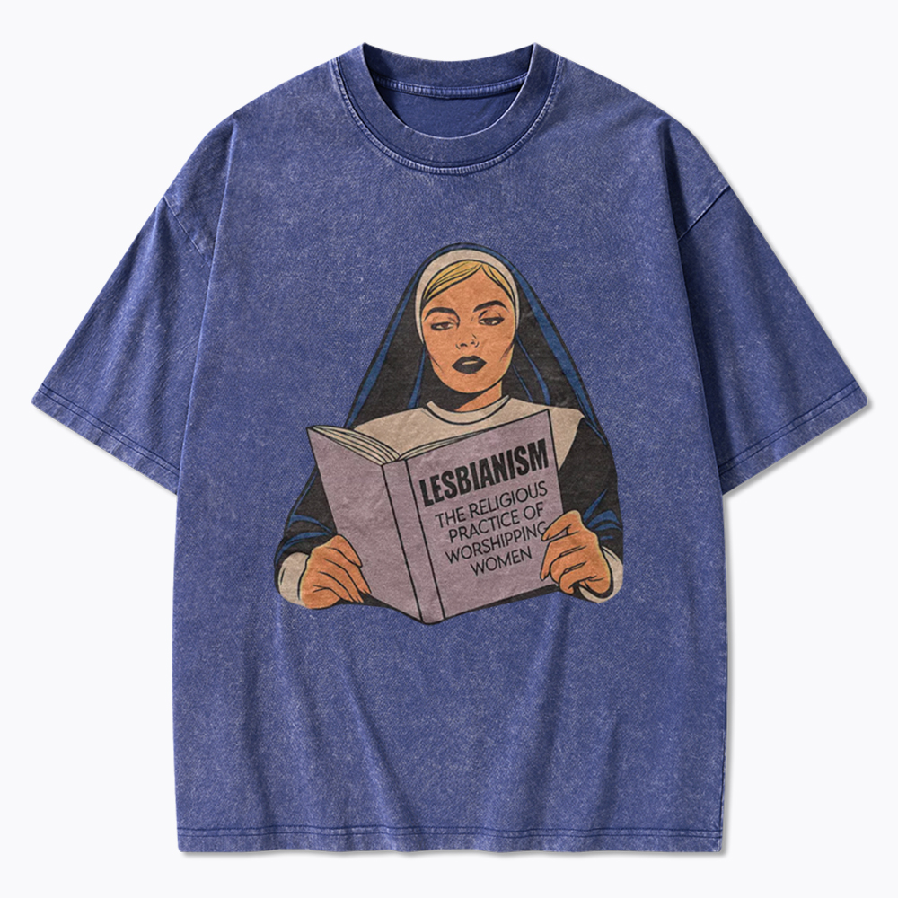 Nun Reading Lesbian Book Washed T-Shirt