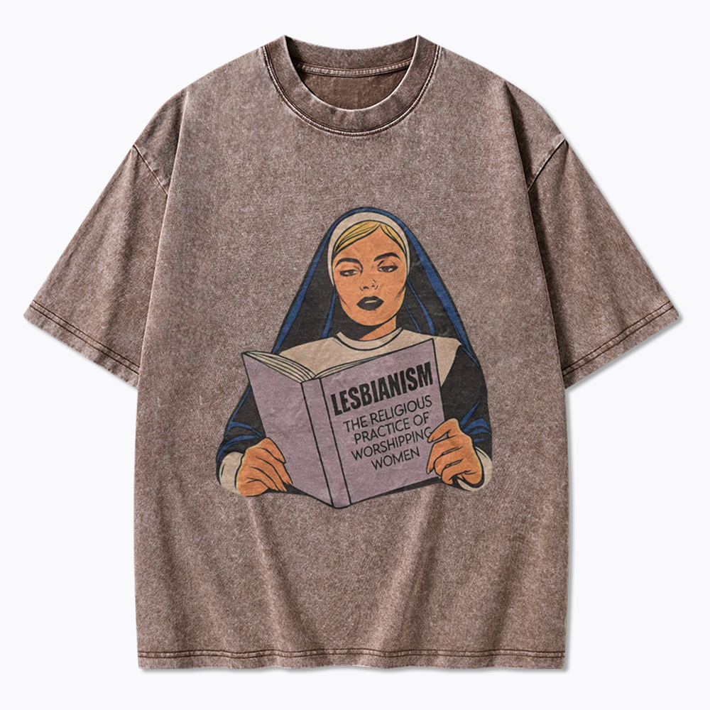 Nun Reading Lesbian Book Washed T-Shirt