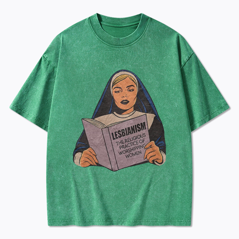 Nun Reading Lesbian Book Washed T-Shirt