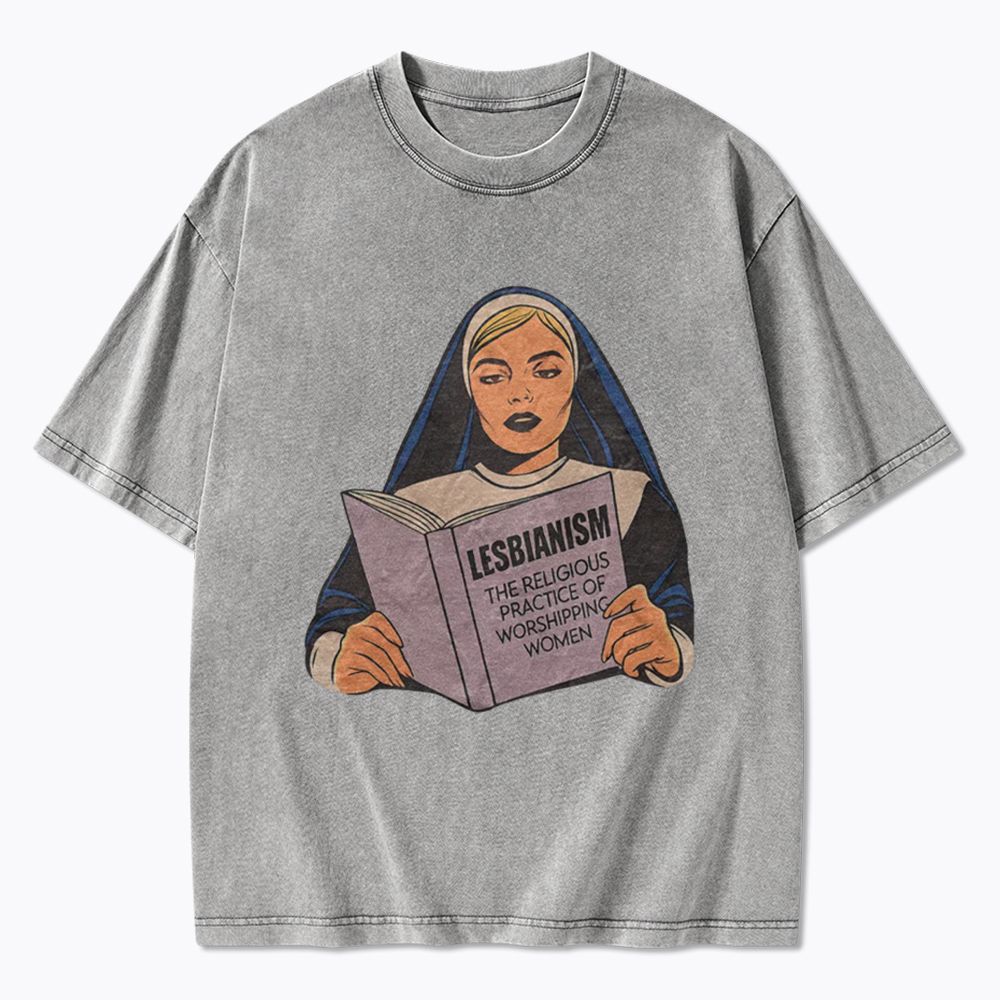 Nun Reading Lesbian Book Washed T-Shirt