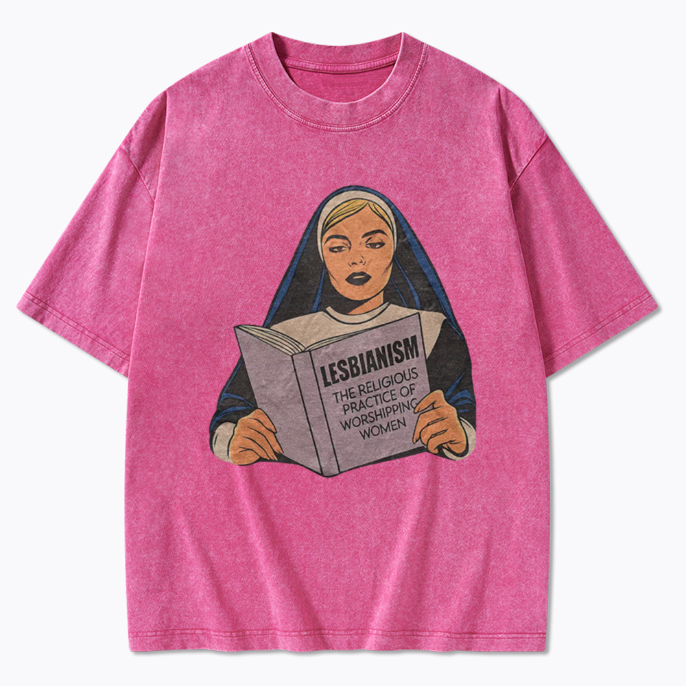 Nun Reading Lesbian Book Washed T-Shirt