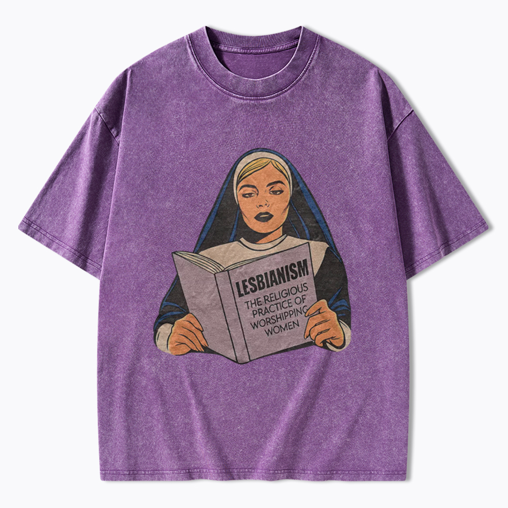 Nun Reading Lesbian Book Washed T-Shirt