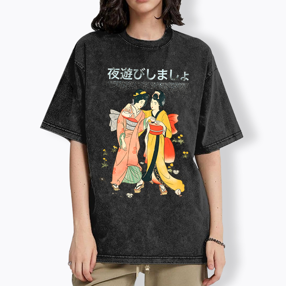 Party Hard Japanese Feminist Lesbian Washed T-Shirt
