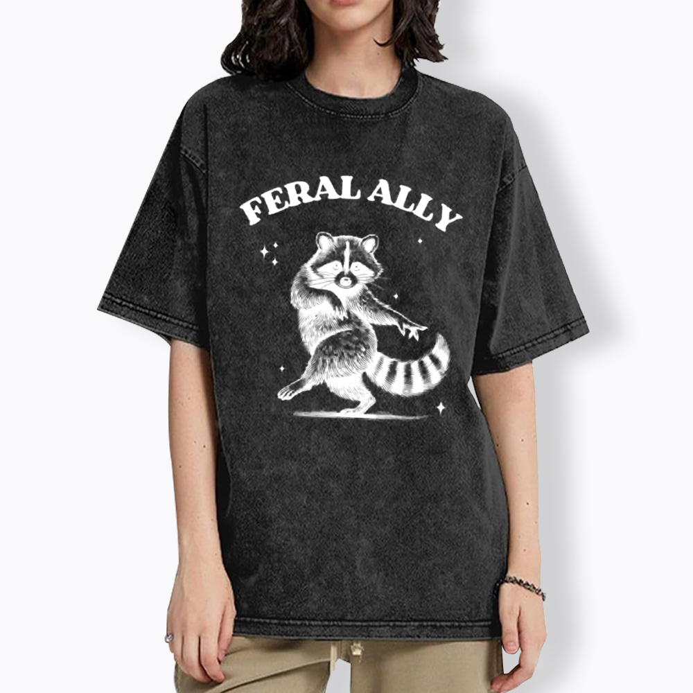 Feral Ally Funny Racoon LGBTQ Pride Washed T-Shirt