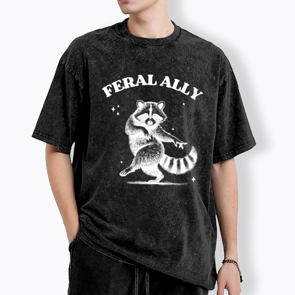 Feral Ally Funny Racoon LGBTQ Pride Washed T-Shirt