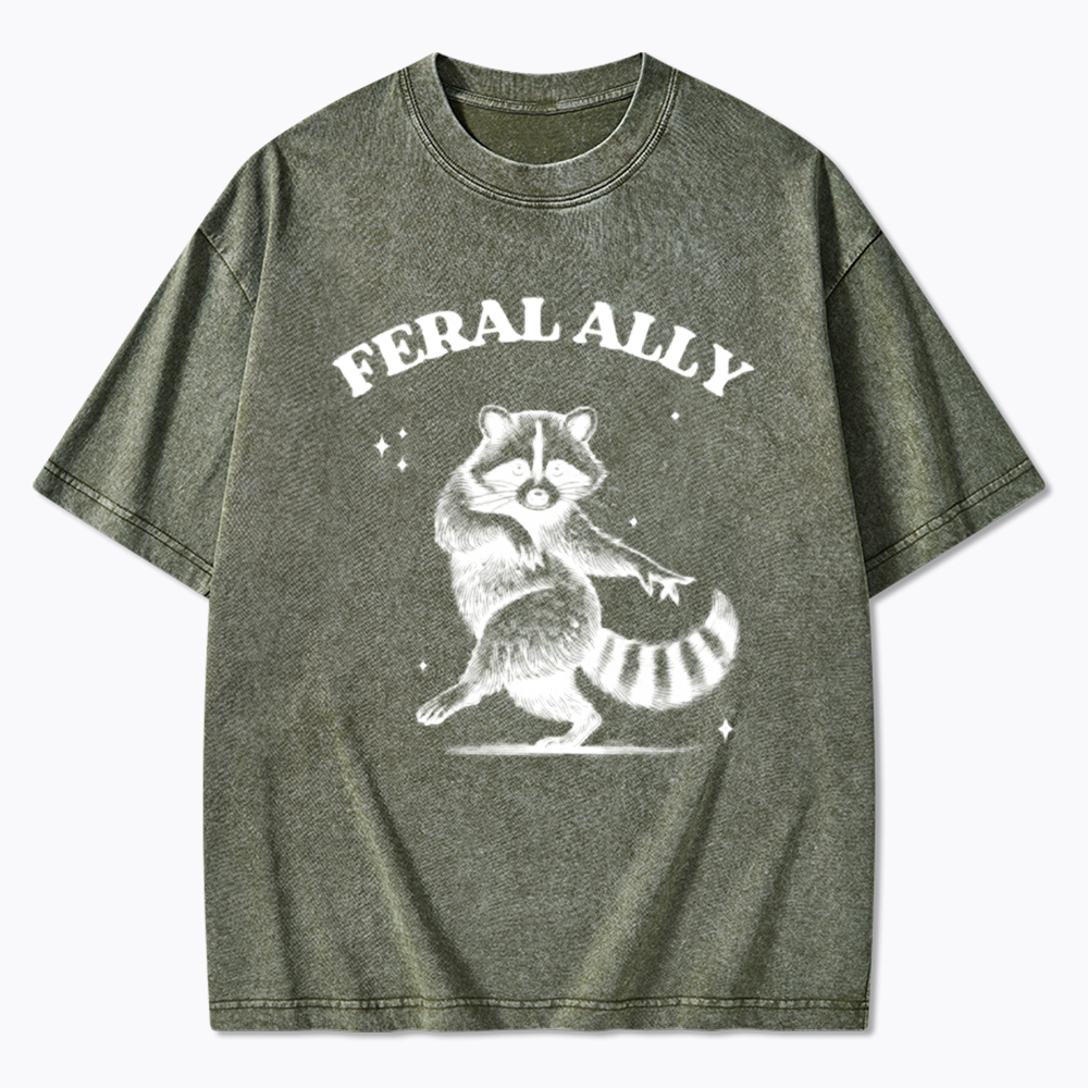 Feral Ally Funny Racoon LGBTQ Pride Washed T-Shirt