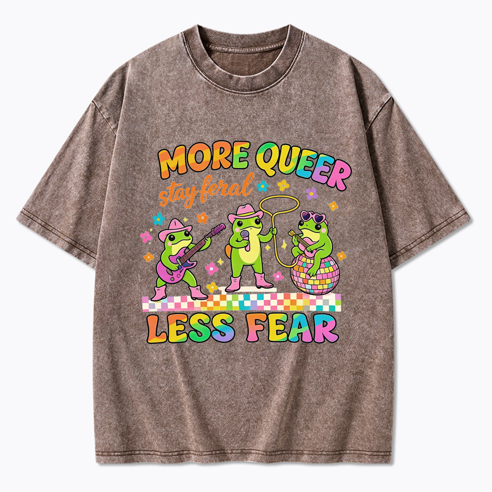 More Queer Less Fear Cute Frog Gay Washed T-Shirt