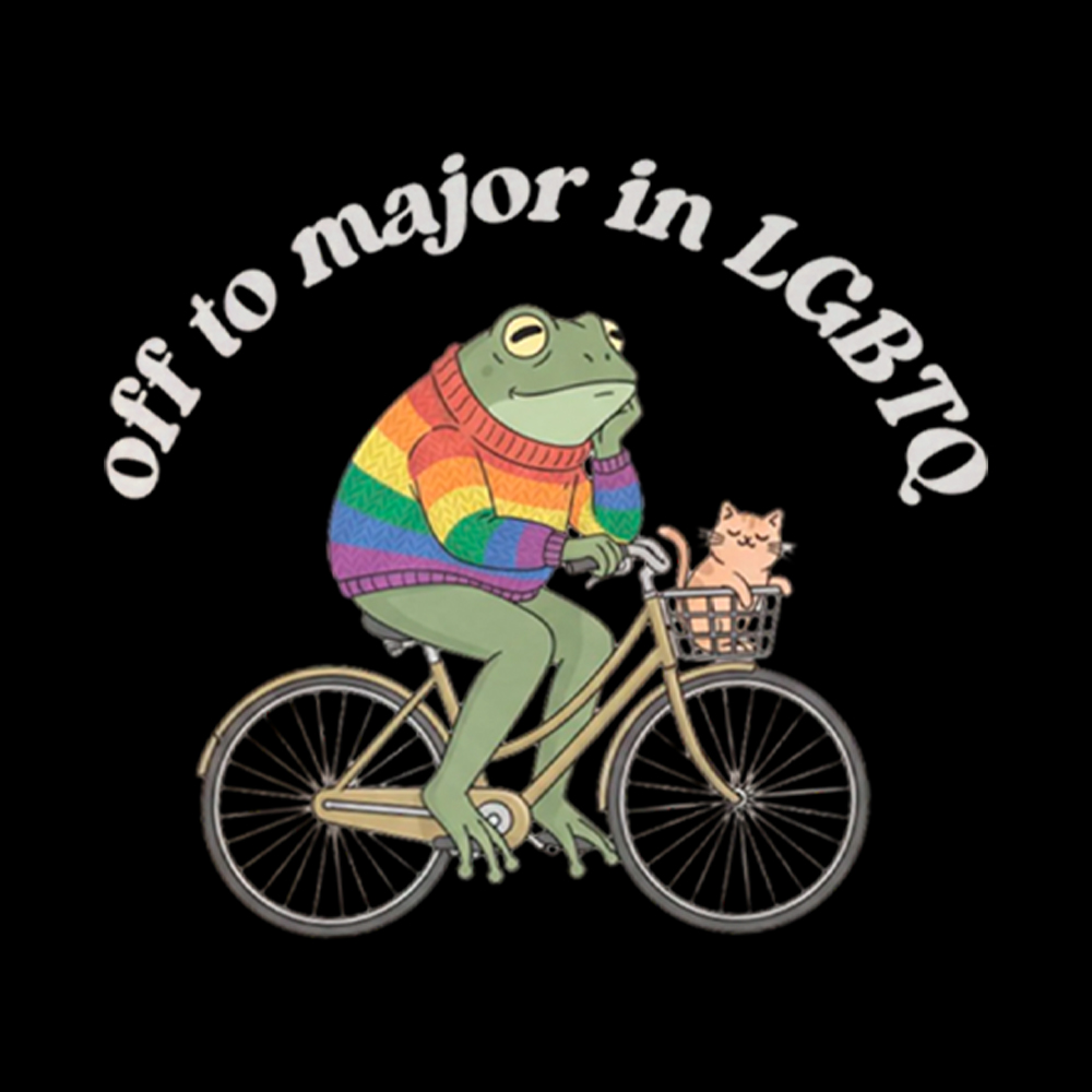 Off To Major In LGBTQ Frog and Cat On Bicycle Queer Pride Washed T-Shirt