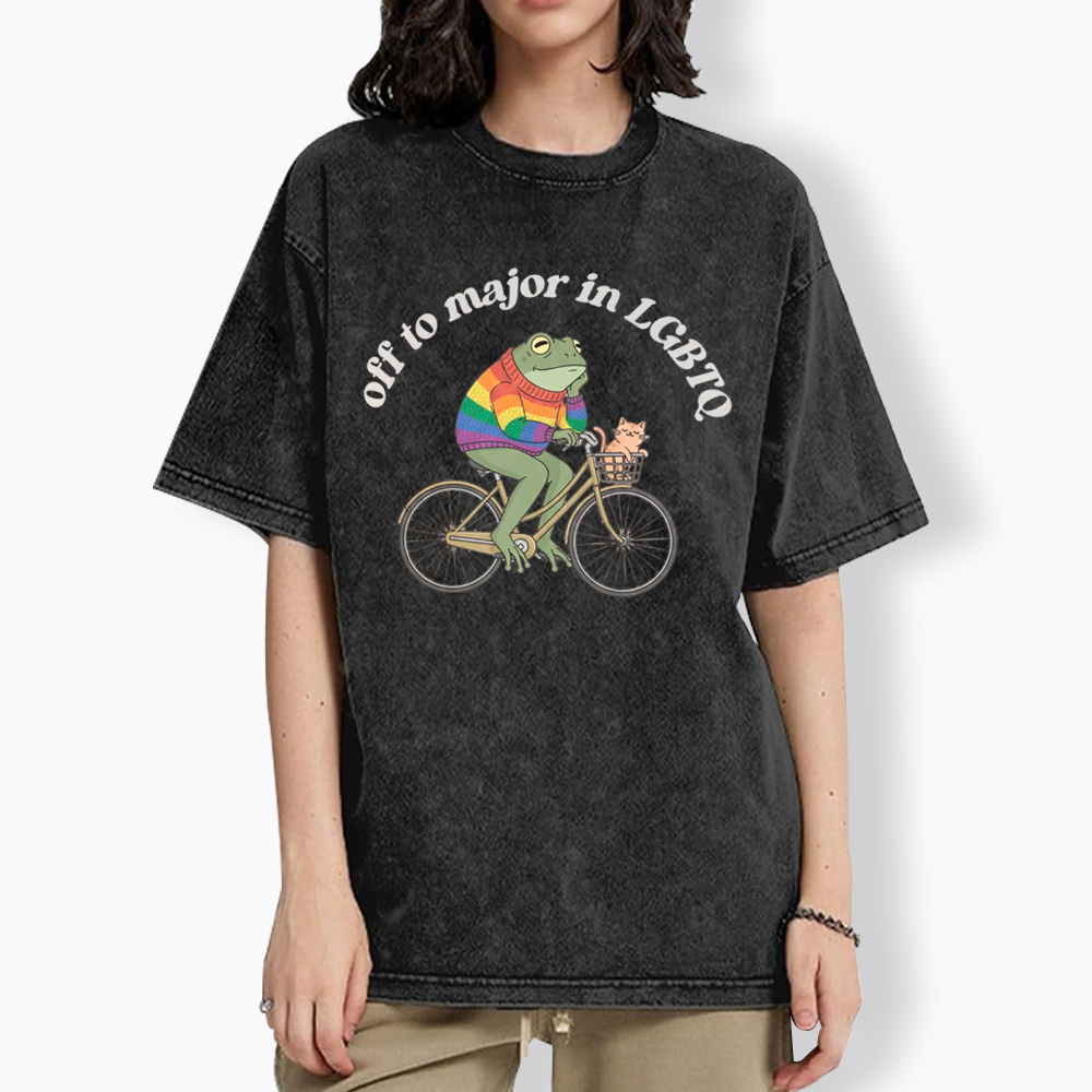 Off To Major In LGBTQ Frog and Cat On Bicycle Queer Pride Washed T-Shirt
