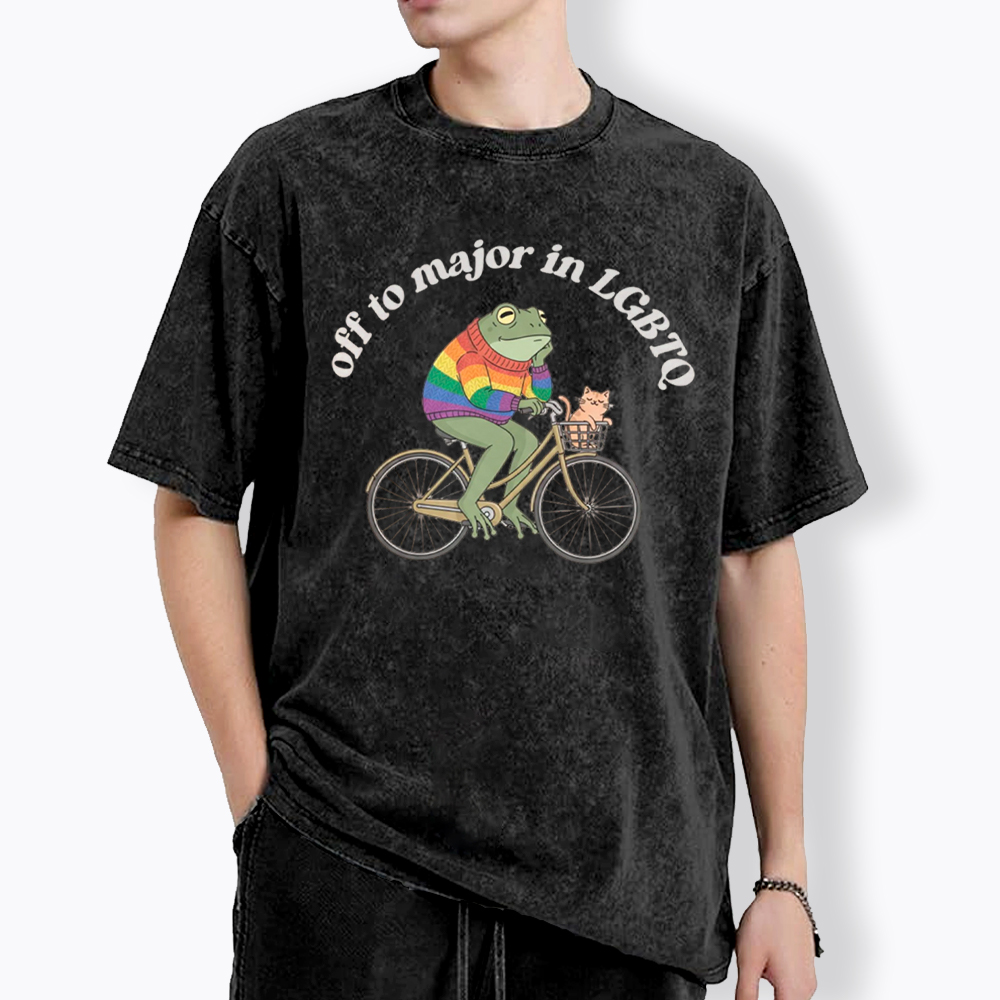 Off To Major In LGBTQ Frog and Cat On Bicycle Queer Pride Washed T-Shirt