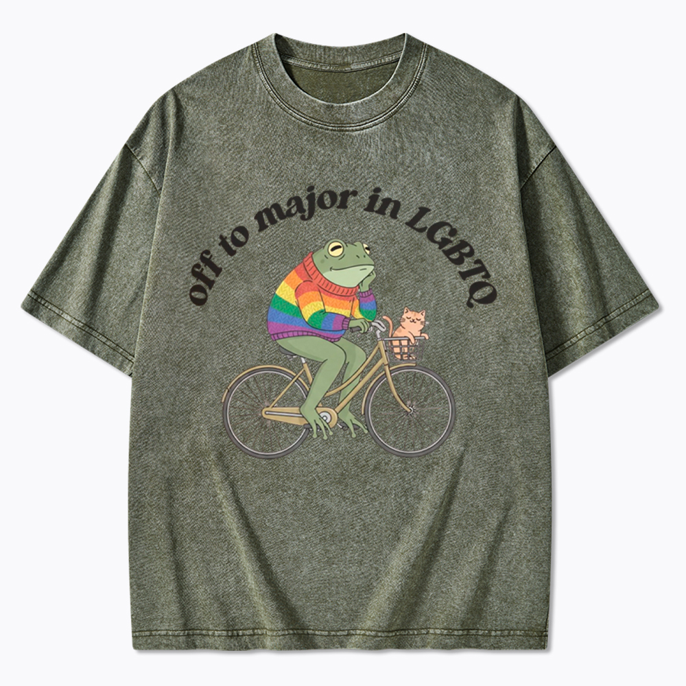 Off To Major In LGBTQ Frog and Cat On Bicycle Queer Pride Washed T-Shirt