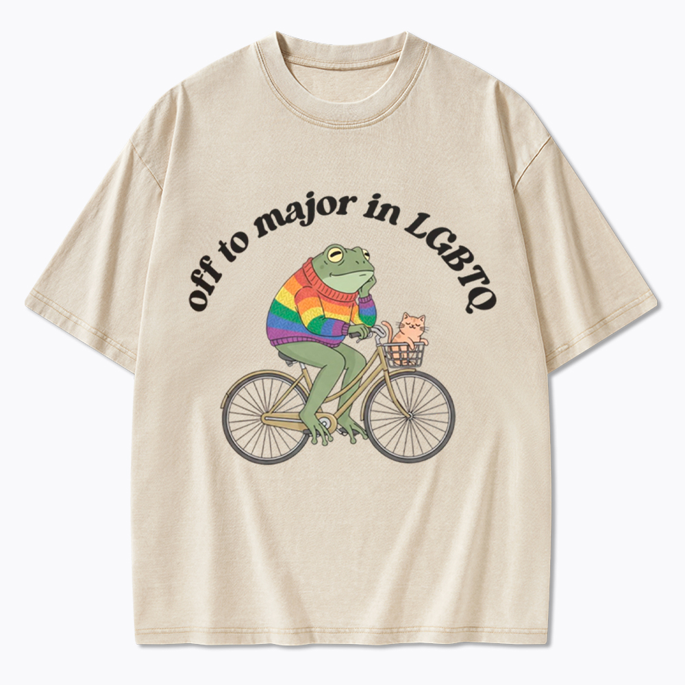 Off To Major In LGBTQ Frog and Cat On Bicycle Queer Pride Washed T-Shirt