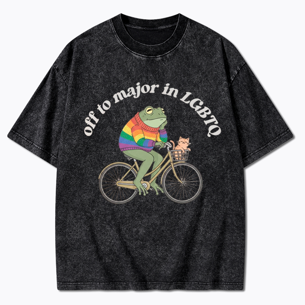 Off To Major In LGBTQ Frog and Cat On Bicycle Queer Pride Washed T-Shirt