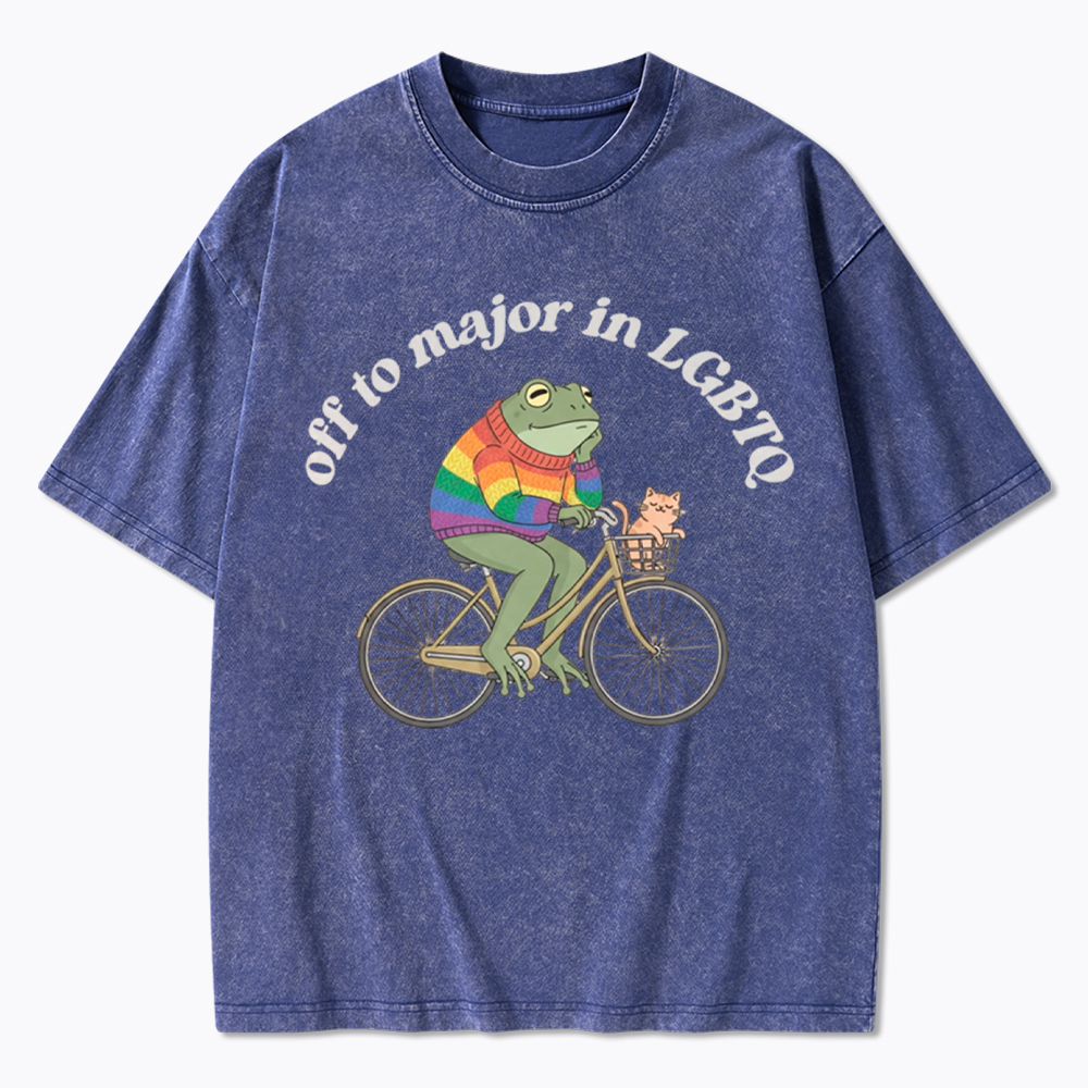 Off To Major In LGBTQ Frog and Cat On Bicycle Queer Pride Washed T-Shirt