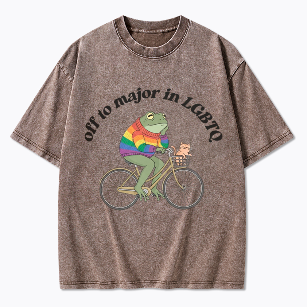 Off To Major In LGBTQ Frog and Cat On Bicycle Queer Pride Washed T-Shirt