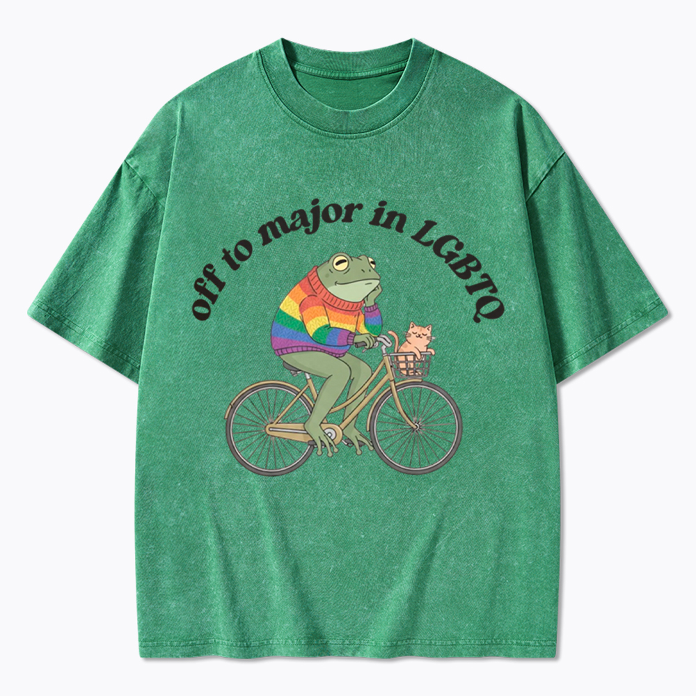 Off To Major In LGBTQ Frog and Cat On Bicycle Queer Pride Washed T-Shirt