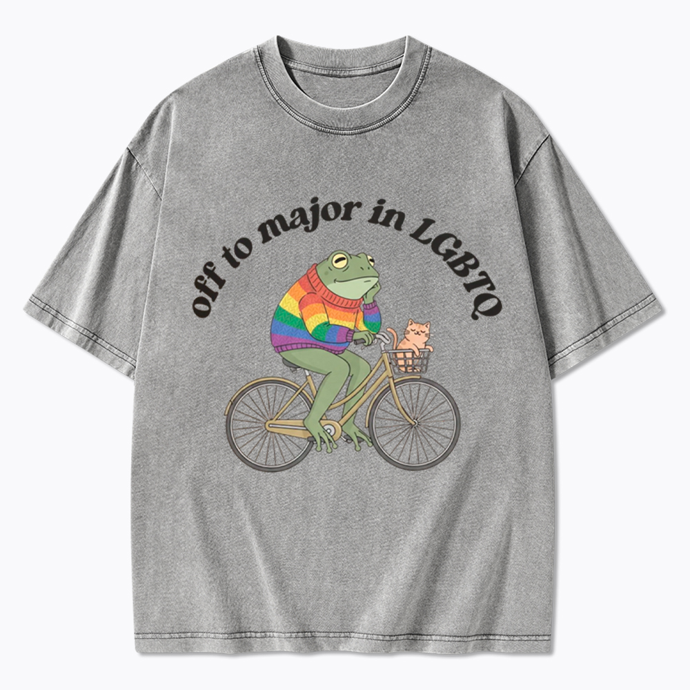 Off To Major In LGBTQ Frog and Cat On Bicycle Queer Pride Washed T-Shirt