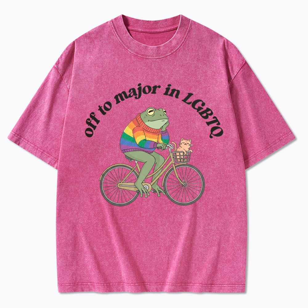 Off To Major In LGBTQ Frog and Cat On Bicycle Queer Pride Washed T-Shirt