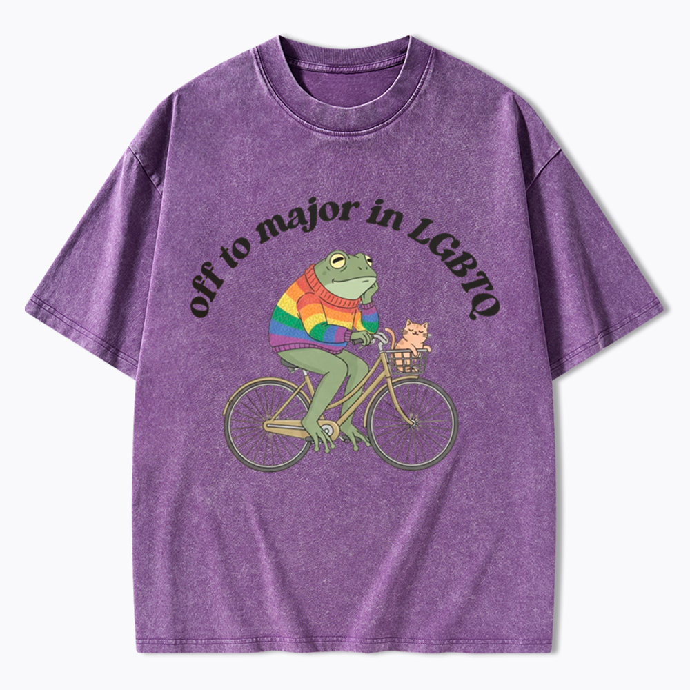 Off To Major In LGBTQ Frog and Cat On Bicycle Queer Pride Washed T-Shirt