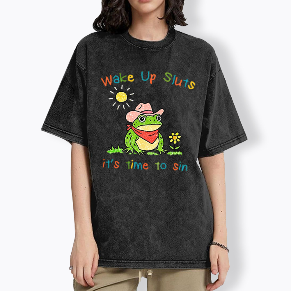 Wake Up It's Time To Sin Funny Cowboy Frog Washed T-Shirt