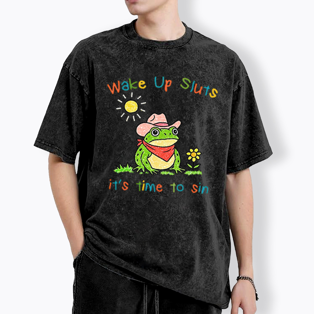 Wake Up It's Time To Sin Funny Cowboy Frog Washed T-Shirt