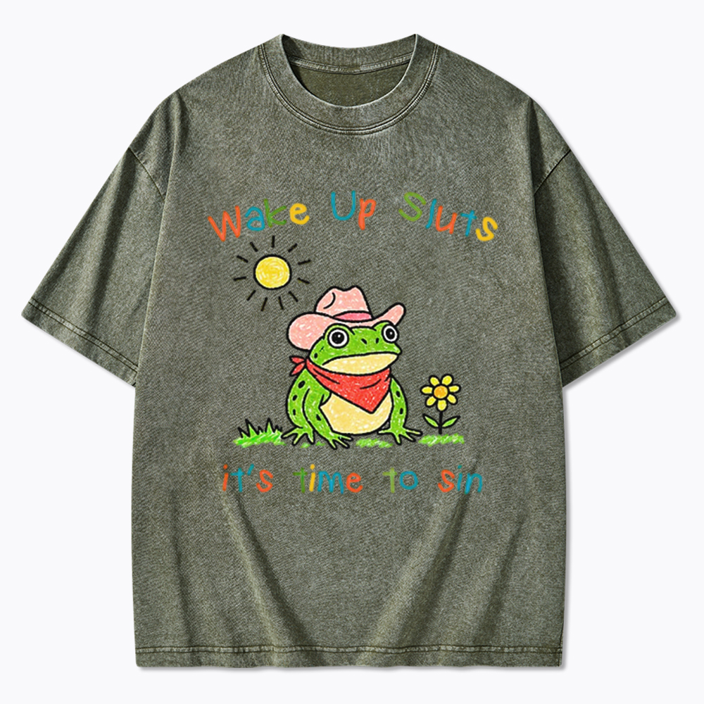 Wake Up It's Time To Sin Funny Cowboy Frog Washed T-Shirt
