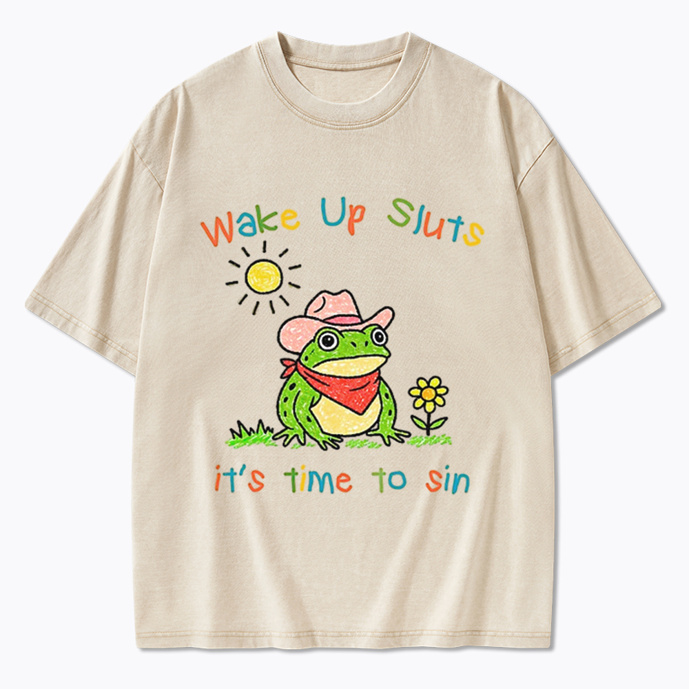 Wake Up It's Time To Sin Funny Cowboy Frog Washed T-Shirt