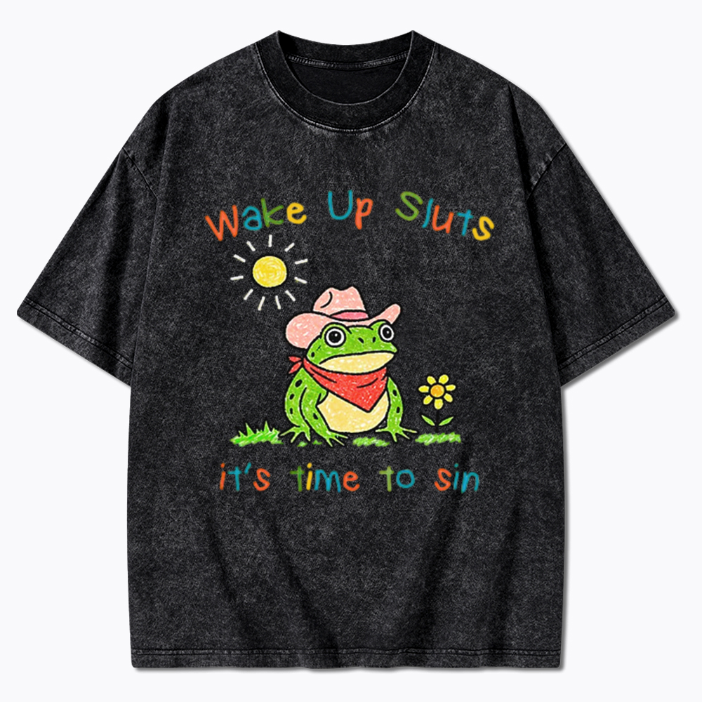 Wake Up It's Time To Sin Funny Cowboy Frog Washed T-Shirt
