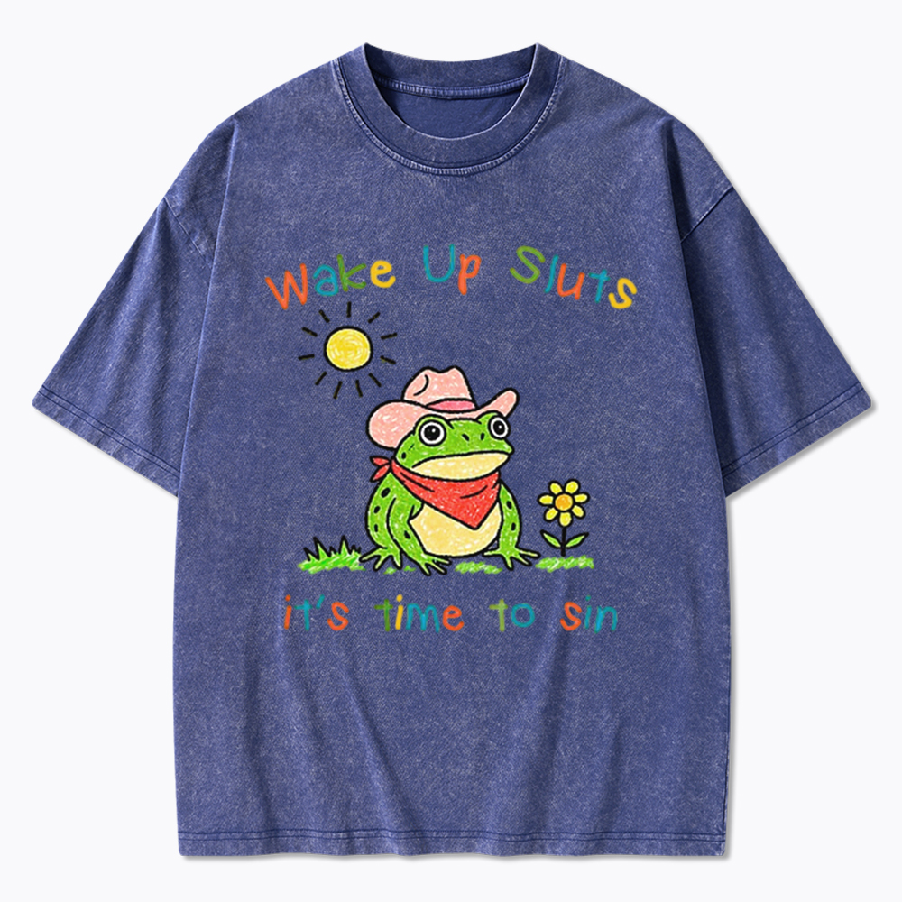 Wake Up It's Time To Sin Funny Cowboy Frog Washed T-Shirt