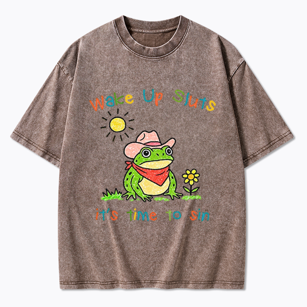 Wake Up It's Time To Sin Funny Cowboy Frog Washed T-Shirt